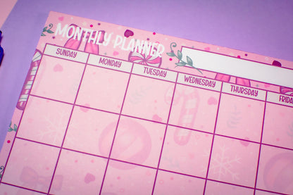 Handmade Pink Winter Holiday Coquette Monthly Planner Notepad | 8.5in x 11in