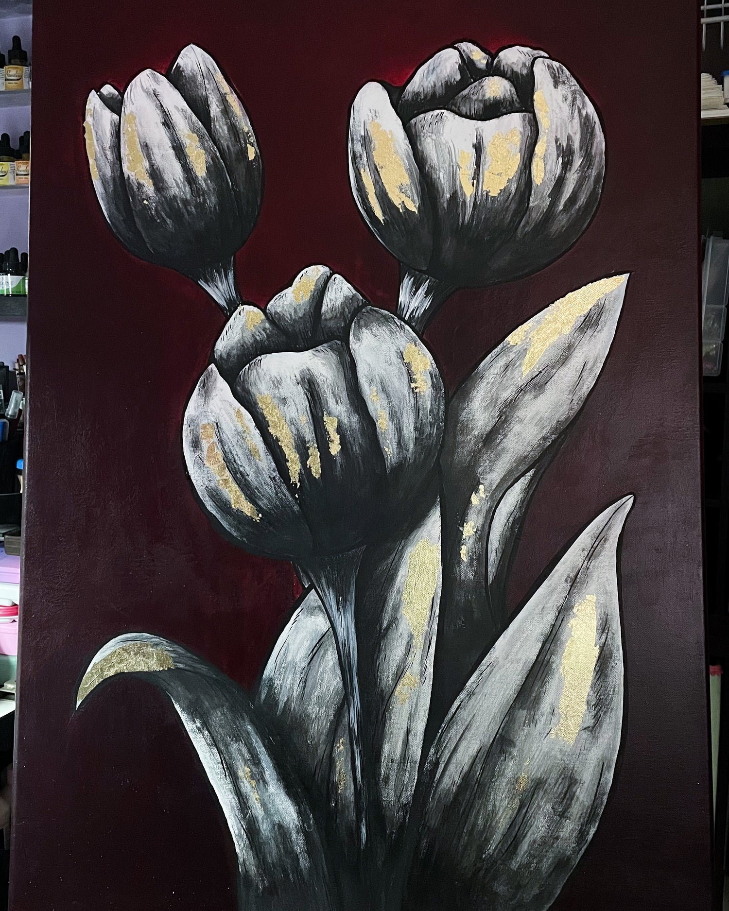 Artistic depiction of tulips with a dark background