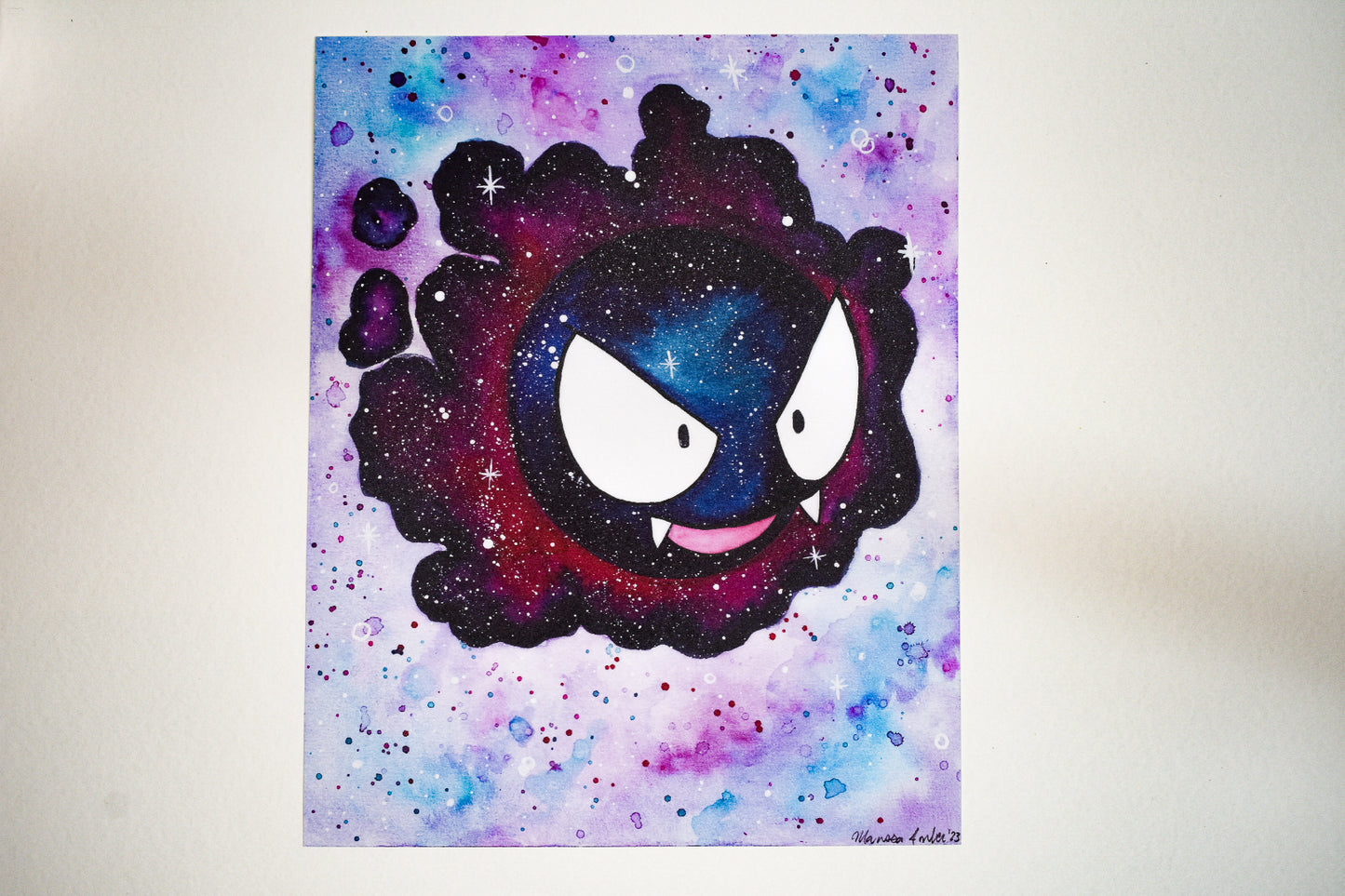 Cartoon character with a space-themed background on a light gray background