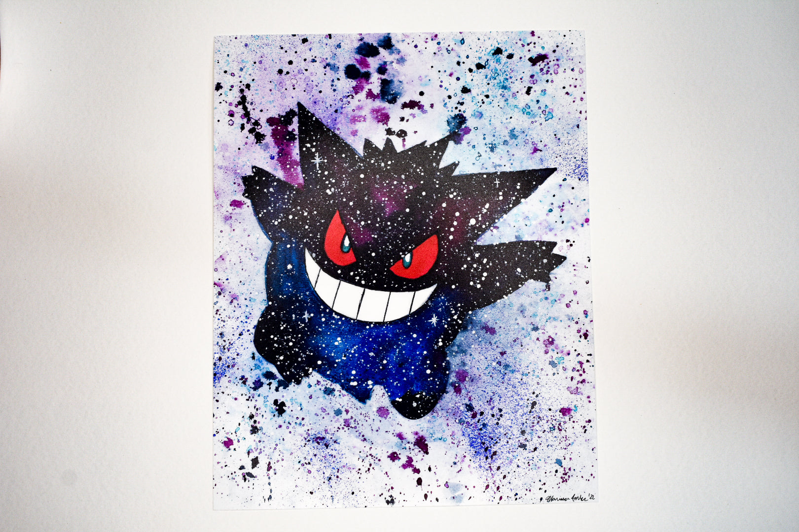 Artistic depiction of a character with red eyes and a black and white face on a colorful splatter background.