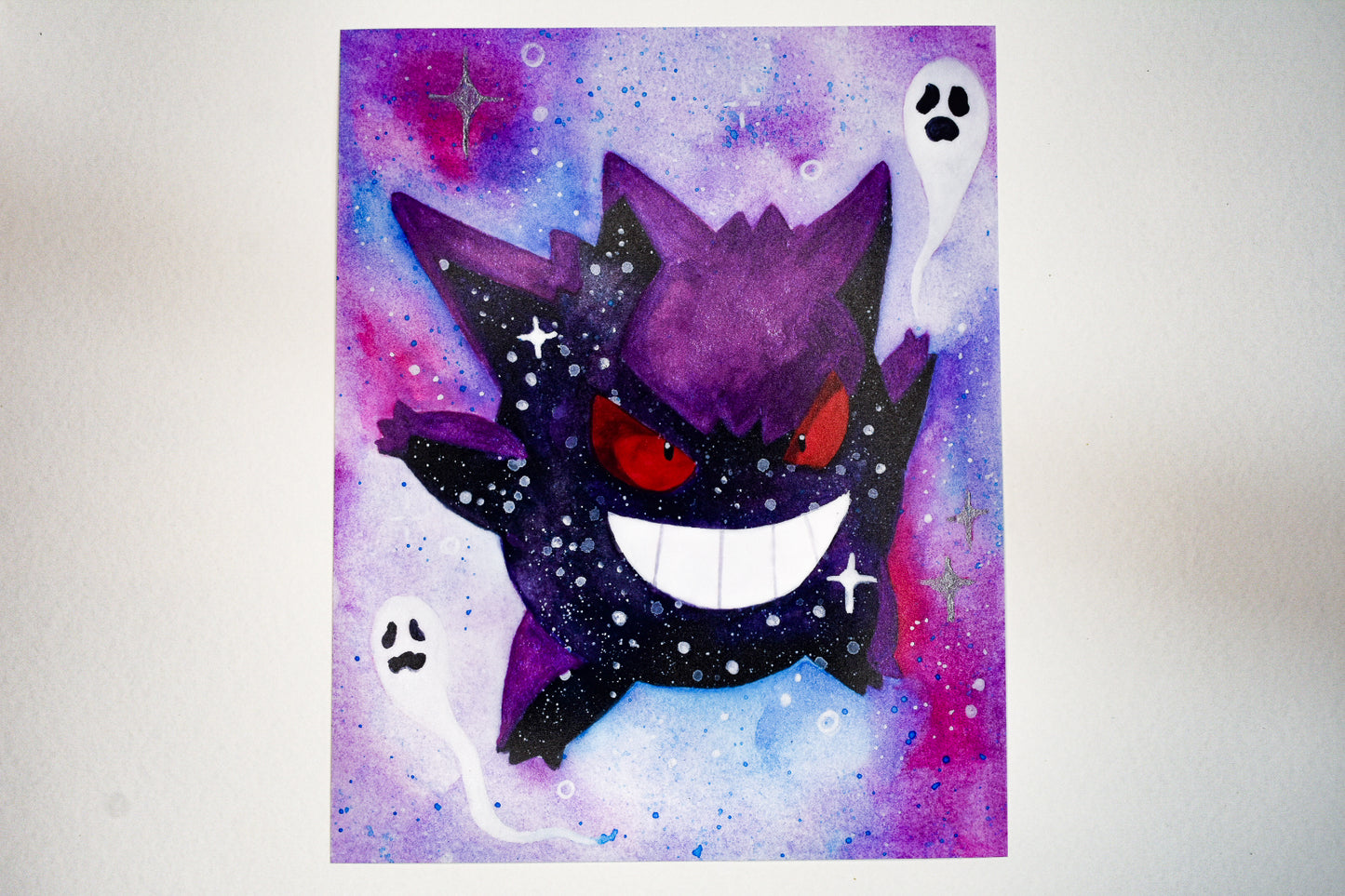 Cartoon character with purple and black design on a colorful abstract background