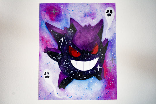 Cartoon character with purple and black design on a colorful abstract background