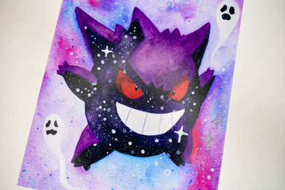 Cartoon character with a purple and black color scheme on a colorful background