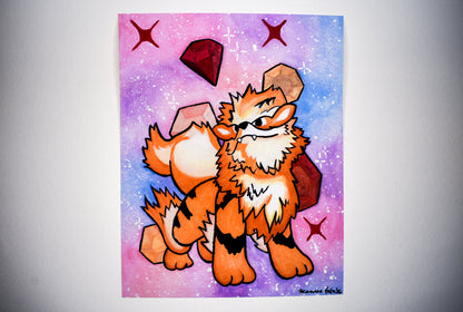Cartoon-like fox character with red gemstones on a starry background