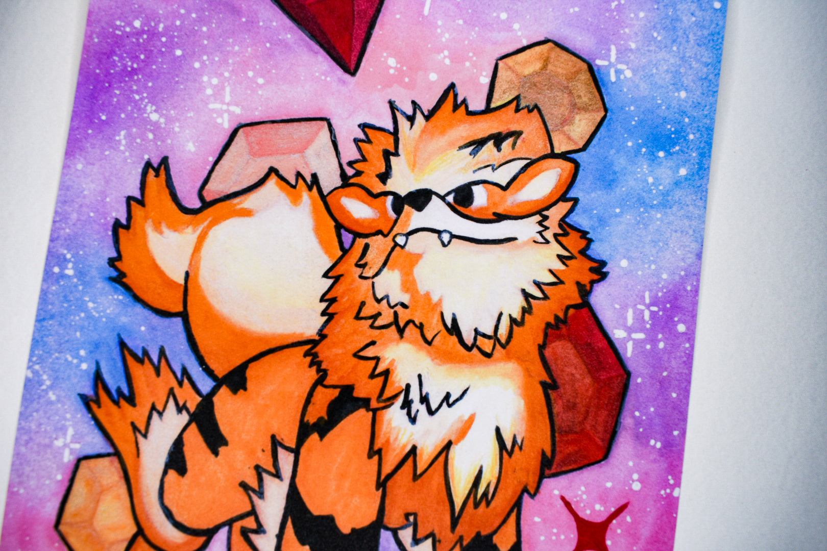 Cartoon fox character with a red scarf on a colorful background