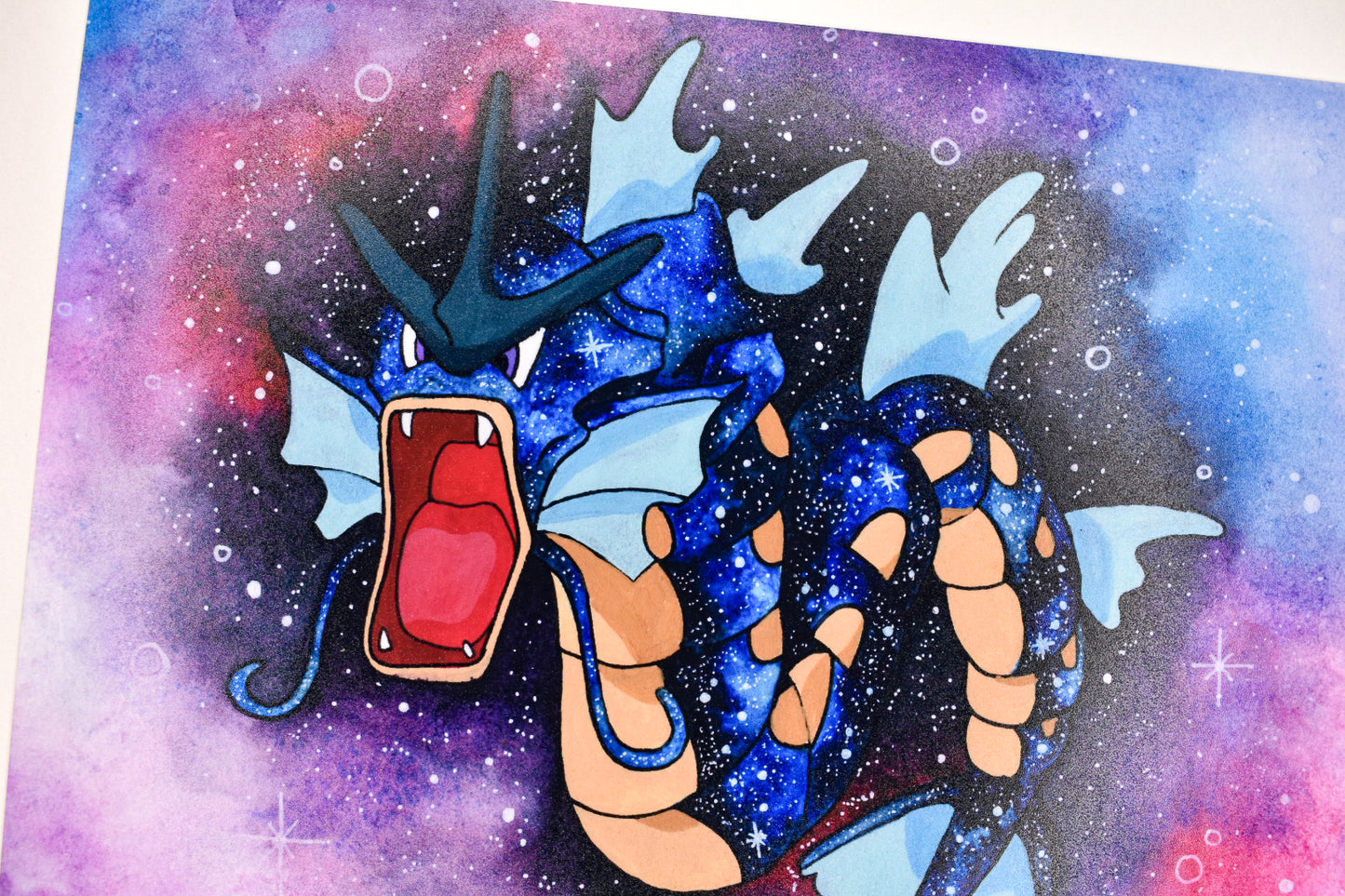 Cartoon dragon with a colorful galaxy background