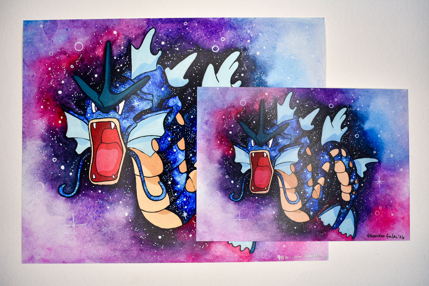 Two illustrations of a dragon-like creature with a colorful, galaxy-style background.