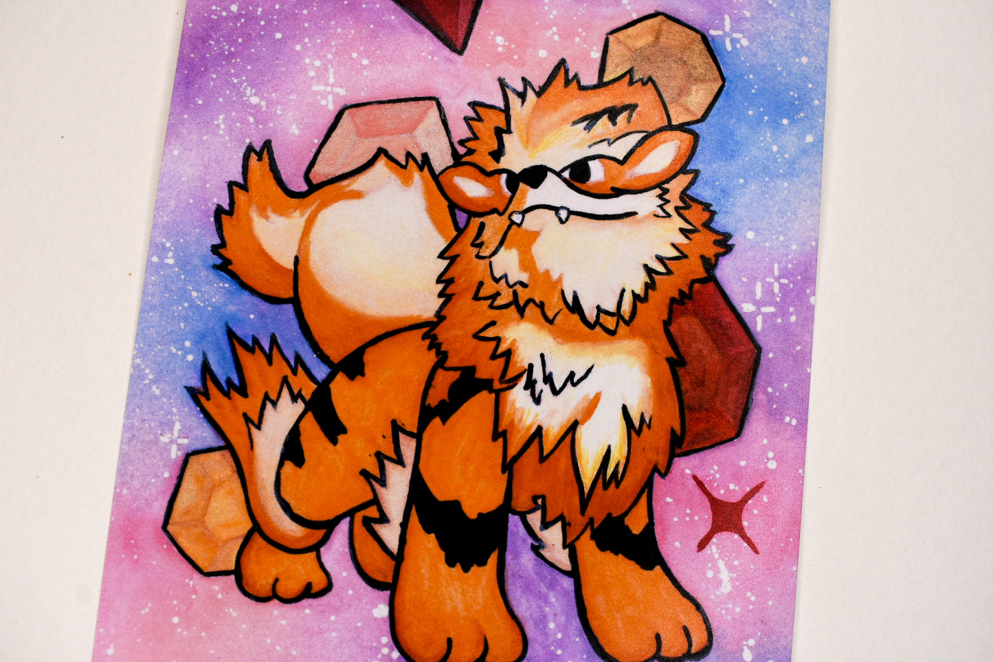Cartoon fox character with a backpack on a starry background