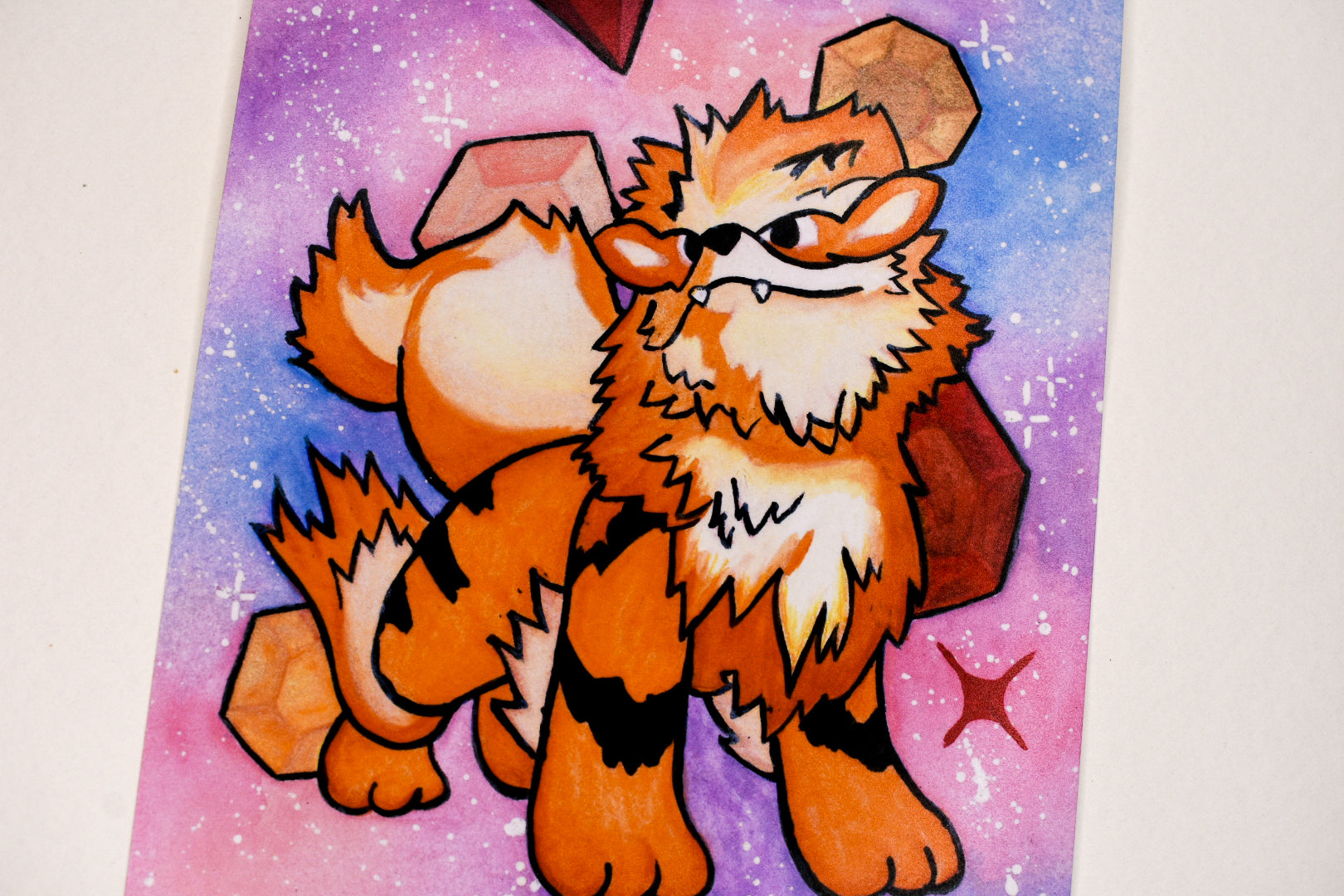 Cartoon fox character with a backpack on a starry background
