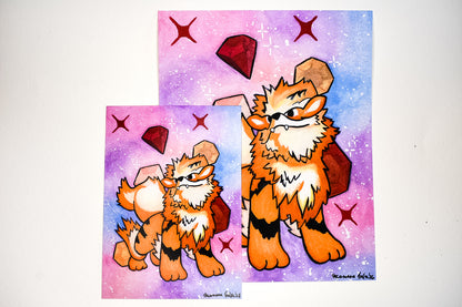 Cartoon-like fox characters on a colorful background with stars