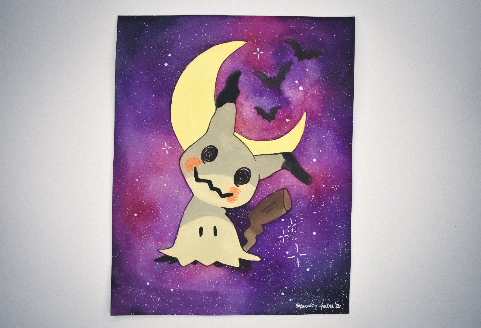Cartoon ghost character with a moon on a purple starry background
