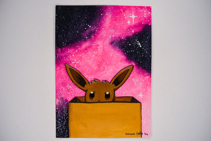 Cute character in a box with a pink and black galaxy background