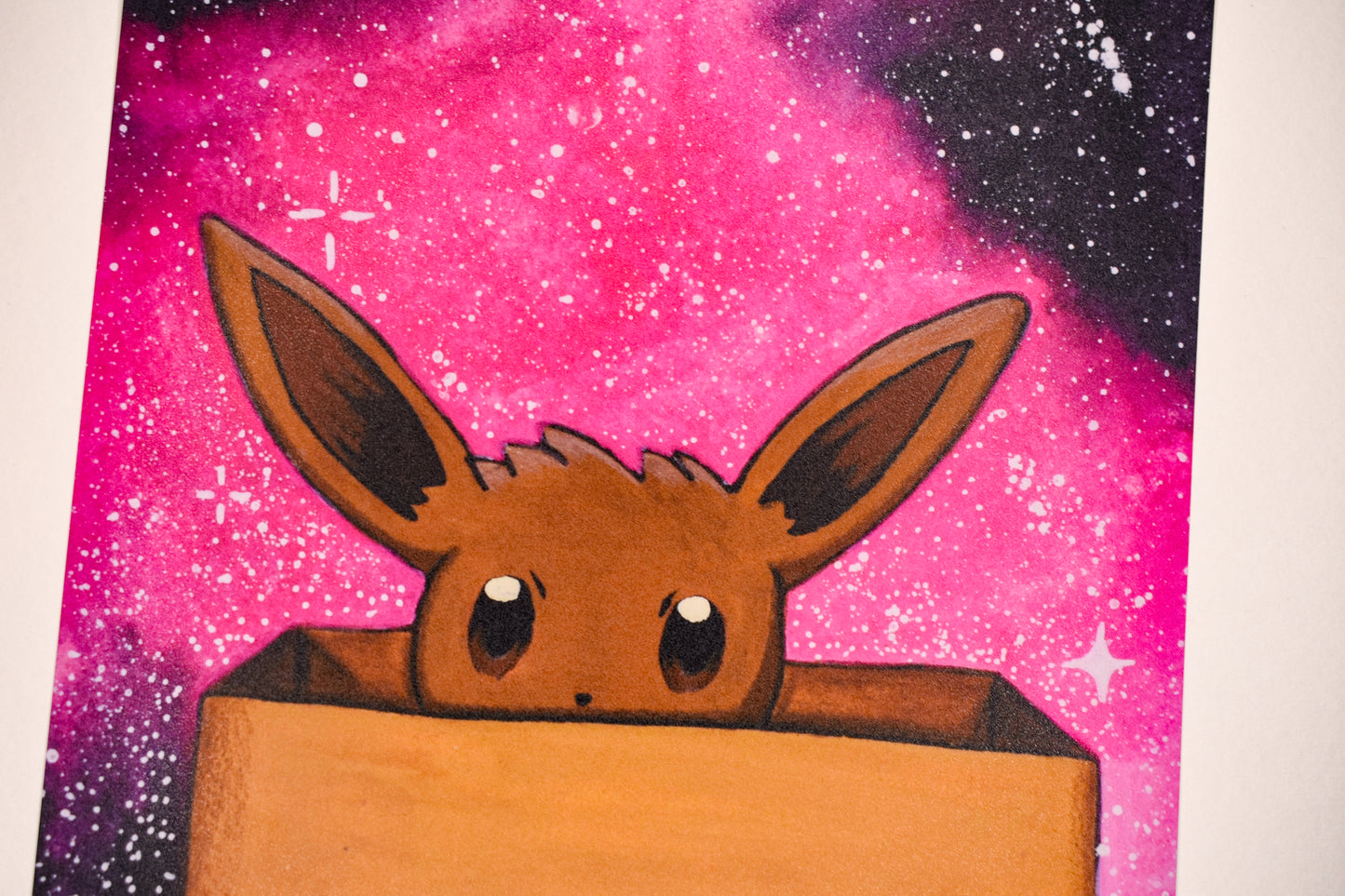 Illustration of a creature peeking out from a box with a pink and purple starry background