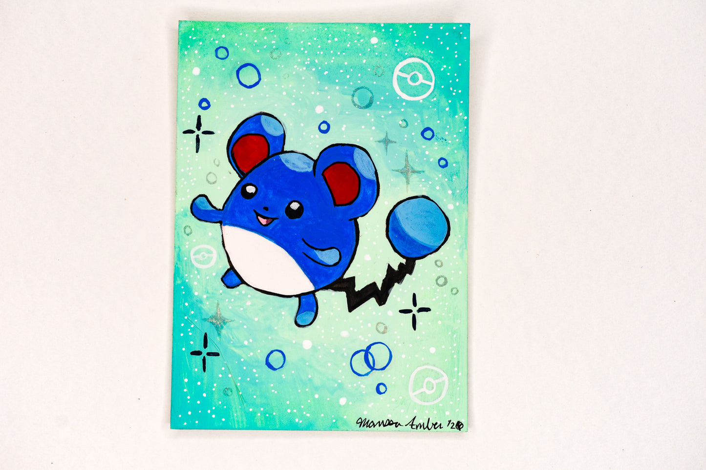 Cartoon character on a blue and green background