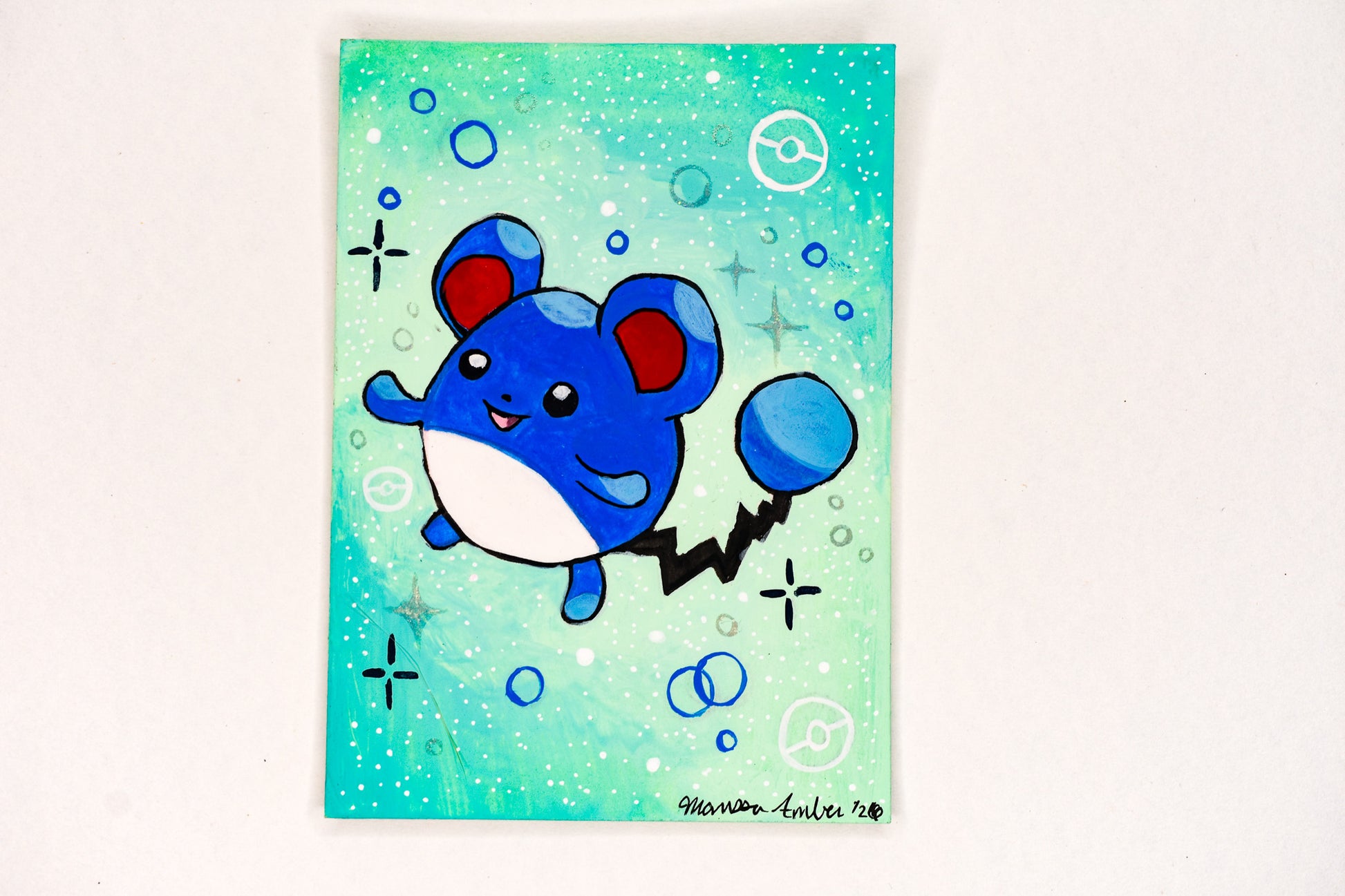 Cartoon character on a blue and green background