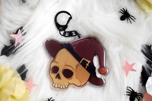 Skull with witches hat keychain