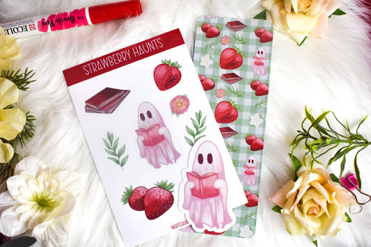 Sticker sheet, die-cut sticker and bookmark with strawberry-themed designs on a floral background