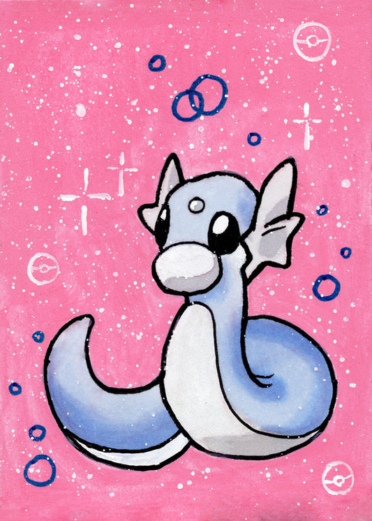 Cartoon character with a blue and white color scheme on a pink background with bubbles and symbols.