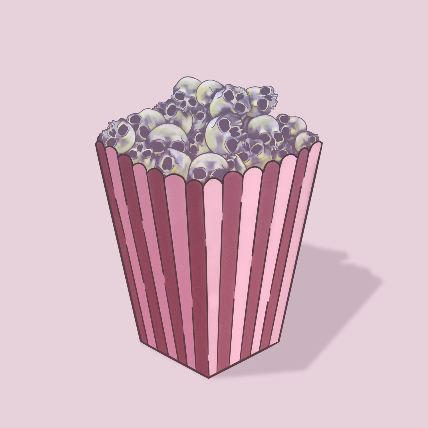 Illustration of a pink striped popcorn box filled with skulls on a light pink background