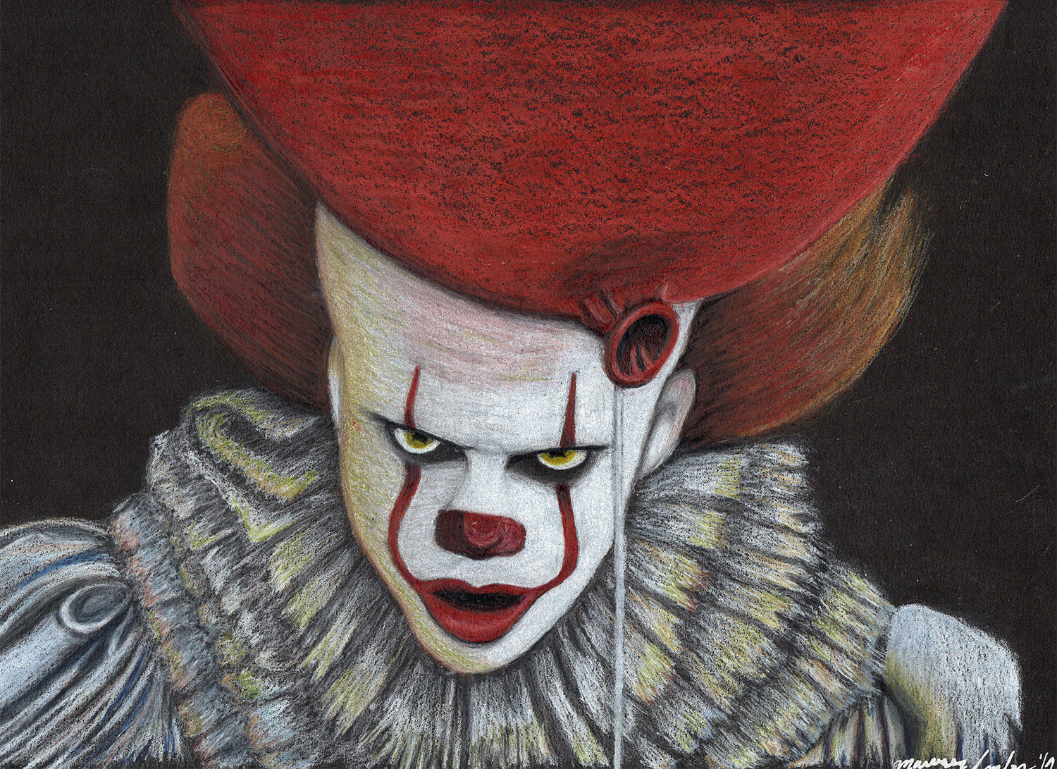 Detailed illustration of a clown with a red balloon and white face, wearing a gray outfit.