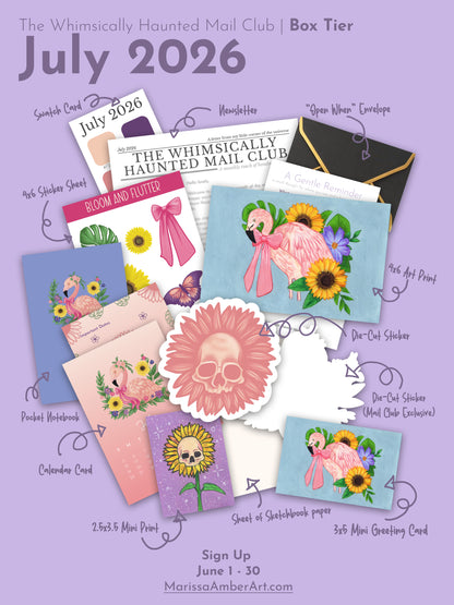 Promotional graphic for The Whimsically Haunted Mail Club with various items and a purple background.