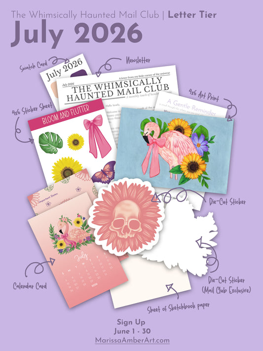 Promotional graphic for The Whimsically Haunted Mail Club with various items and a purple background.