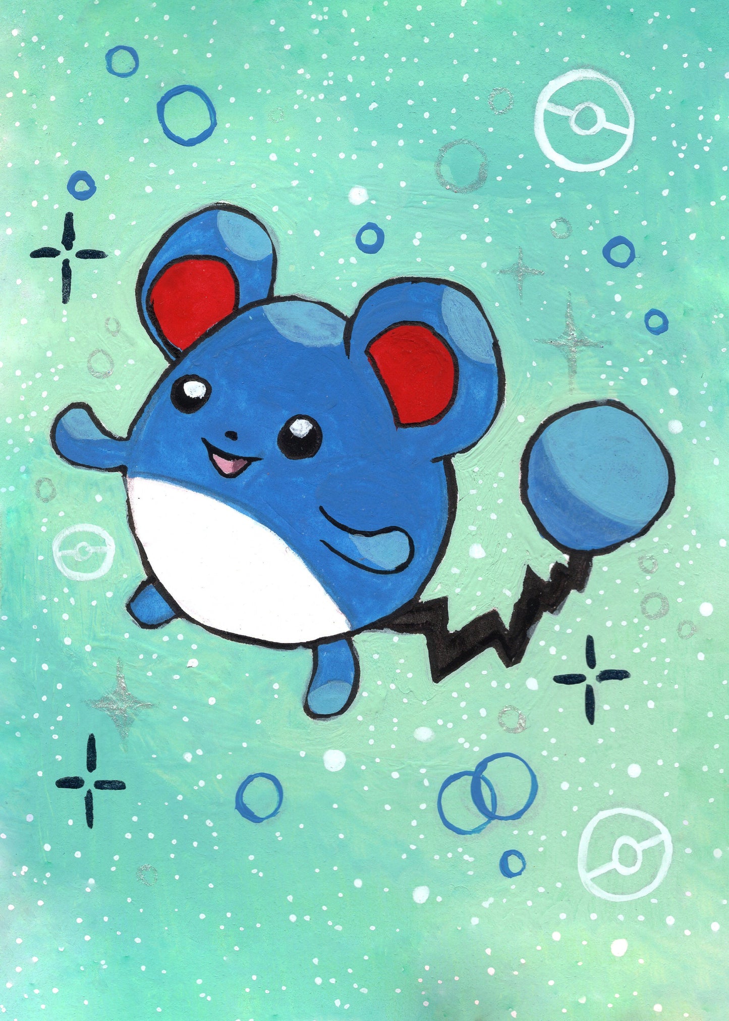 Cartoon mouse-like character on a teal background