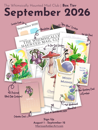 Promotional collage for The Whimsically Haunted Mail Club Box Tier September 2026, showing multiple illustrated stationery items including cards, stickers, envelopes, and a postcard arranged on a dusty pink background with handwritten callouts and text.