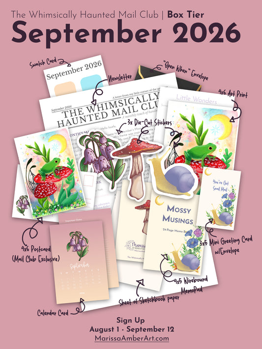 Promotional collage for The Whimsically Haunted Mail Club Box Tier September 2026, showing multiple illustrated stationery items including cards, stickers, envelopes, and a postcard arranged on a dusty pink background with handwritten callouts and text.