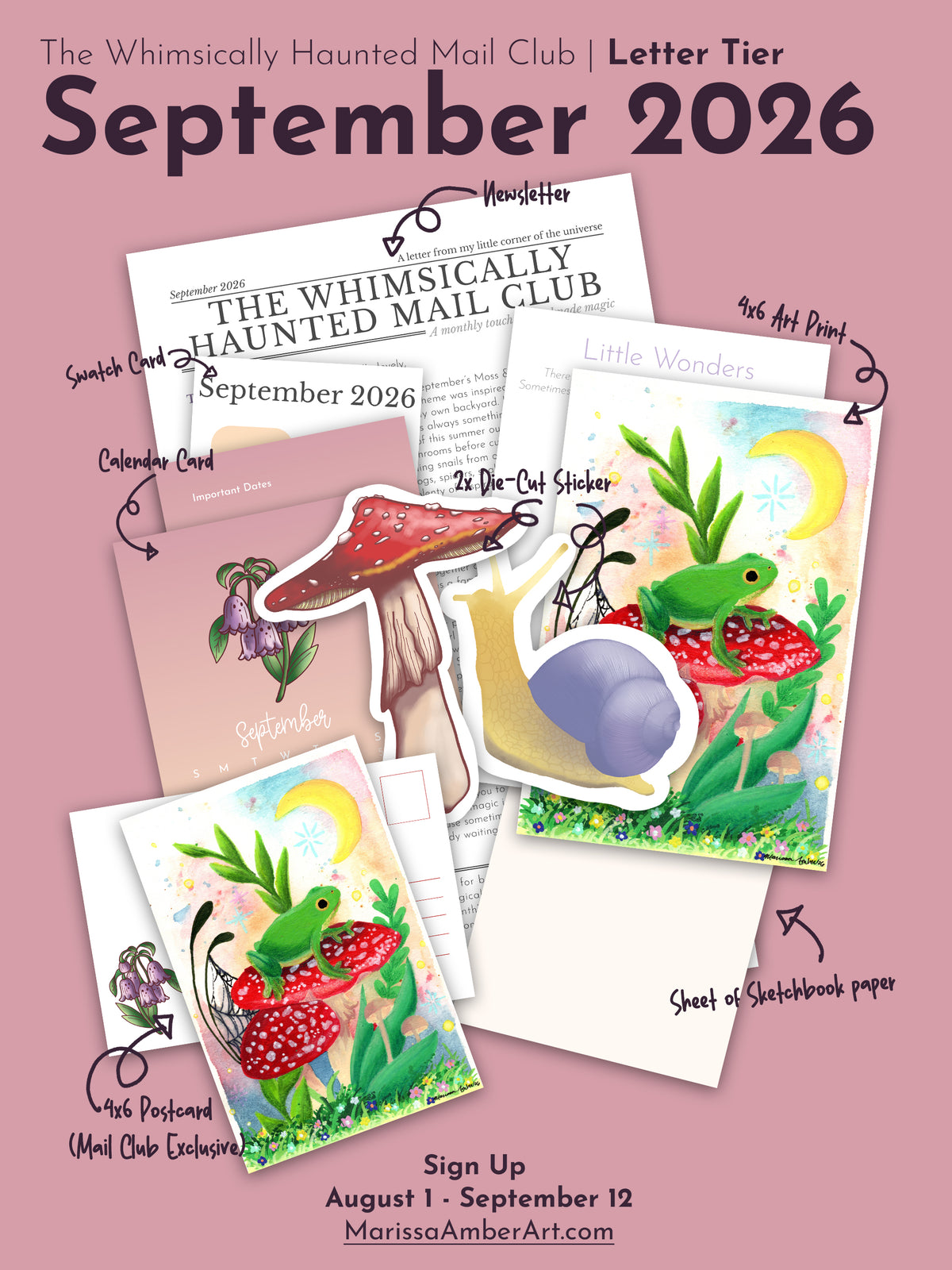 Promotional collage for The Whimsically Haunted Mail Club Letter Tier September 2026, showing illustrated stationery pieces including a letter, envelope, calendar card, die-cut sticker, art print, postcard, and sheet of sketchbook paper on a dusty pink background.