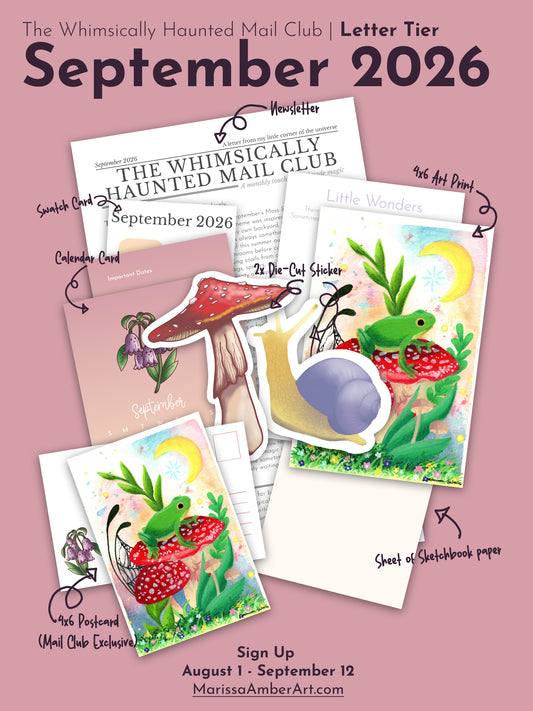 Promotional collage for The Whimsically Haunted Mail Club Letter Tier September 2026, showing illustrated stationery pieces including a letter, envelope, calendar card, die-cut sticker, art print, postcard, and sheet of sketchbook paper on a dusty pink background.