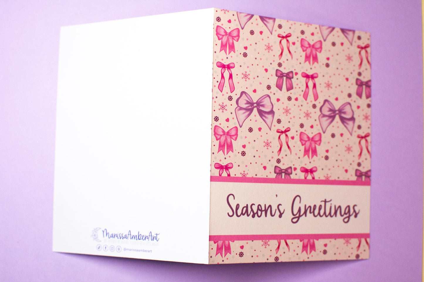 Season's Greetings Pink Winter Holiday Bows Holiday Greeting Card