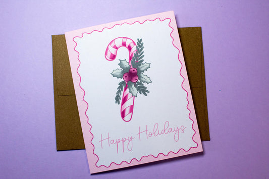 Pink Holiday Coquette Candy Cane Holiday Greeting Card –