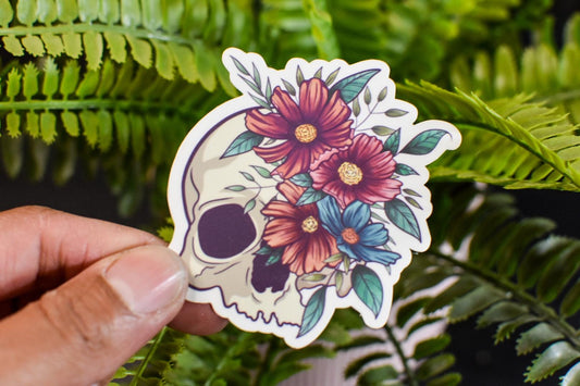 Skull and Cosmos Flowers Die-Cut Vinyl Sticker