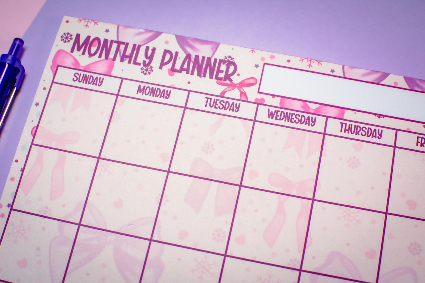 Handmade Pink Winter Holiday Bows Monthly Planner Notepad | 8.5in x 11in