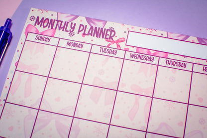 Handmade Pink Winter Holiday Bows Monthly Planner Notepad | 8.5in x 11in