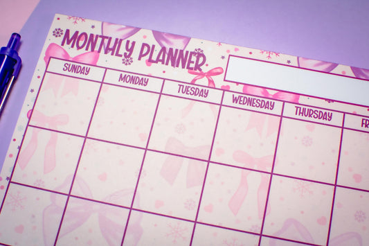 Handmade Pink Winter Holiday Bows Monthly Planner Notepad | 8.5in x 11in