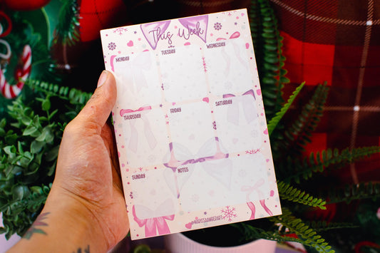 Handmade Pink Winter Holiday Bows Weekly Planner Notepad | 5in x 7in