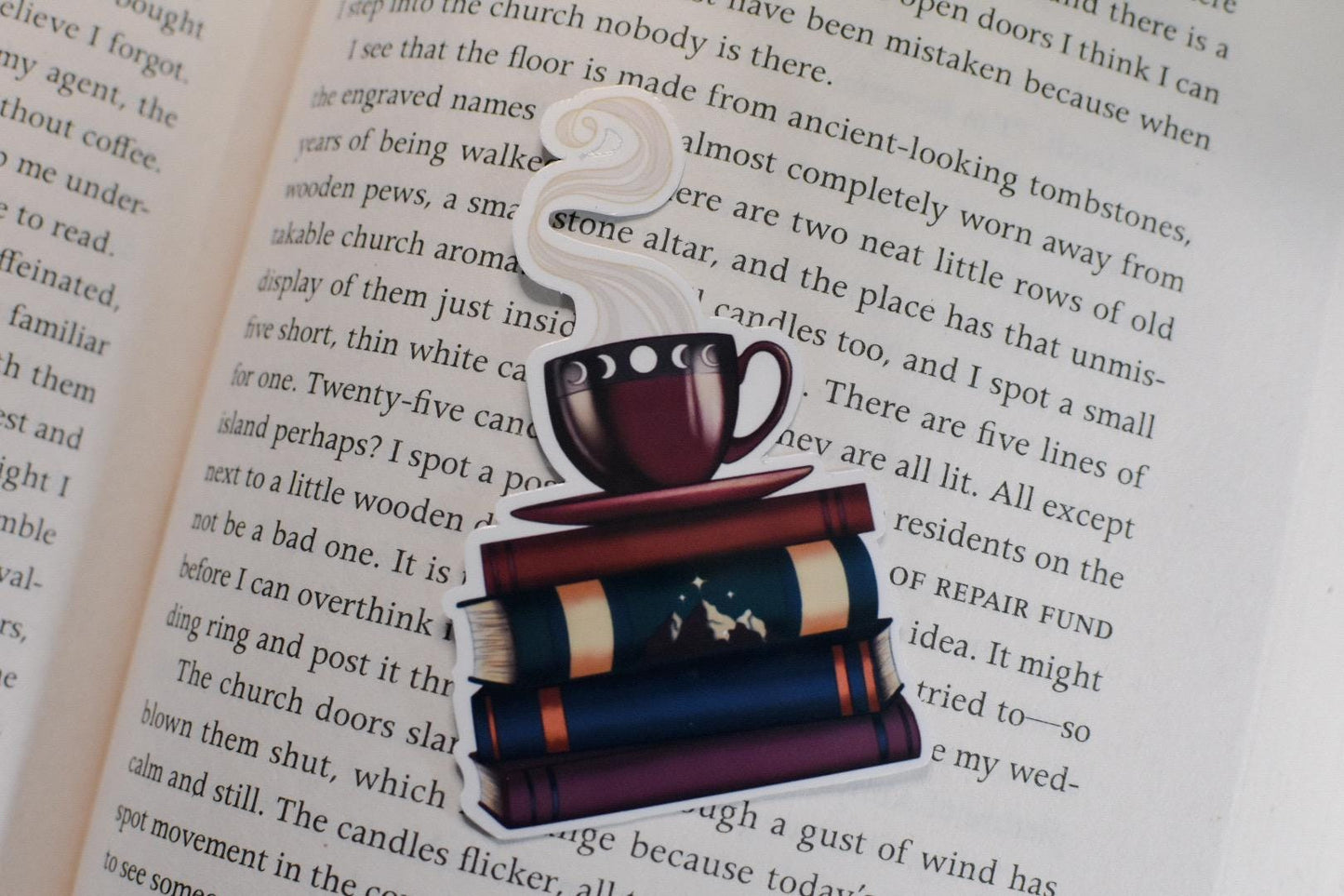 Bookish Tea Cup and Bookstack Die-Cut Vinyl Sticker