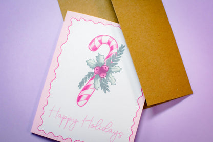 Pink Holiday Coquette Candy Cane Holiday Greeting Card –