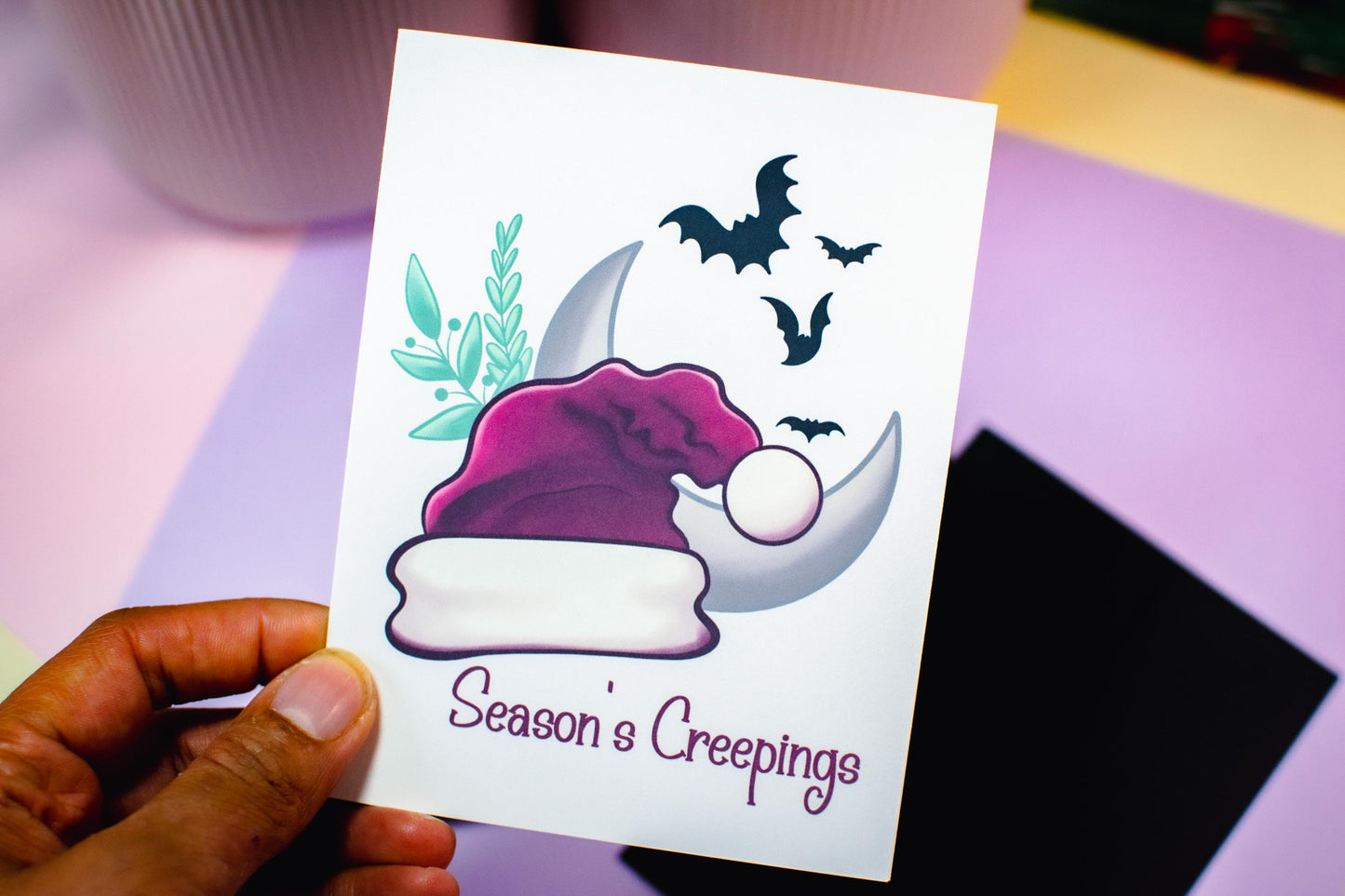 Season's Creepings Santa Hat Holiday Greeting Card