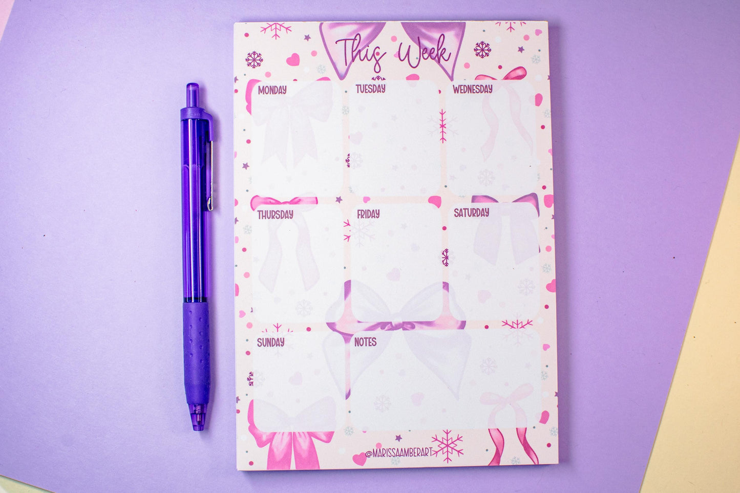 Handmade Pink Winter Holiday Bows Weekly Planner Notepad | 5in x 7in