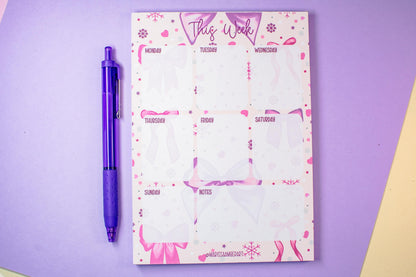 Handmade Pink Winter Holiday Bows Weekly Planner Notepad | 5in x 7in