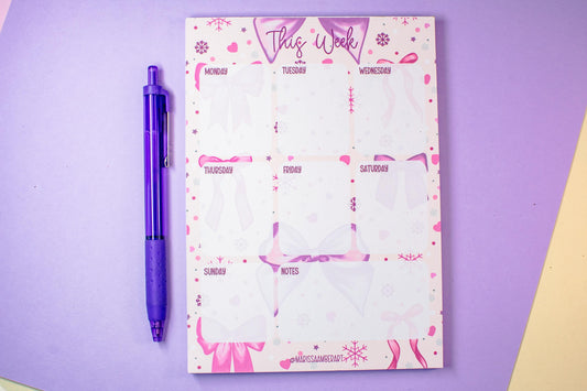 Handmade Pink Winter Holiday Bows Weekly Planner Notepad | 5in x 7in