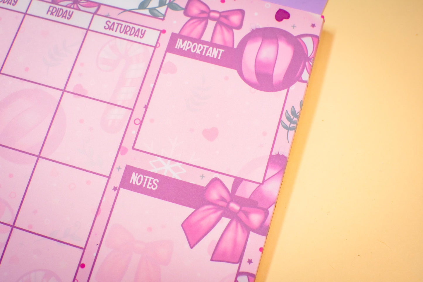 Handmade Pink Winter Holiday Coquette Monthly Planner Notepad | 8.5in x 11in