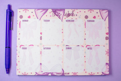 Handmade Pink Winter Holiday Bows Weekly Planner Notepad | 5in x 7in