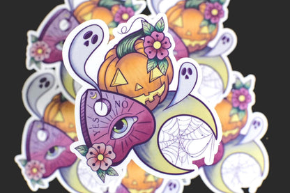 Spooky Planchette and Pumpkin Die-Cut Vinyl Sticker