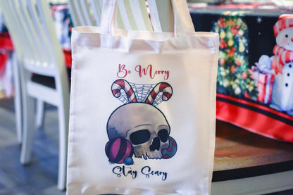 Be Merry Stay Scary Festive Skull Canvas Tote Bag