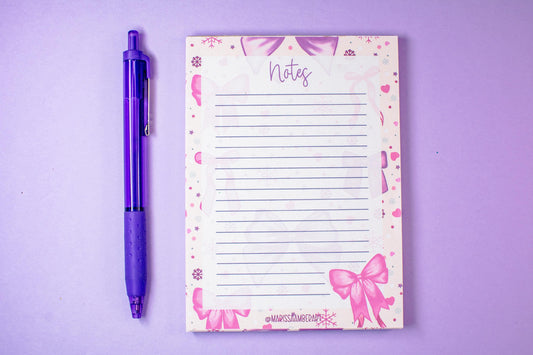 Handmade Pink Winter Holiday Bows Lined Notepad | 4.25in x 5.5in