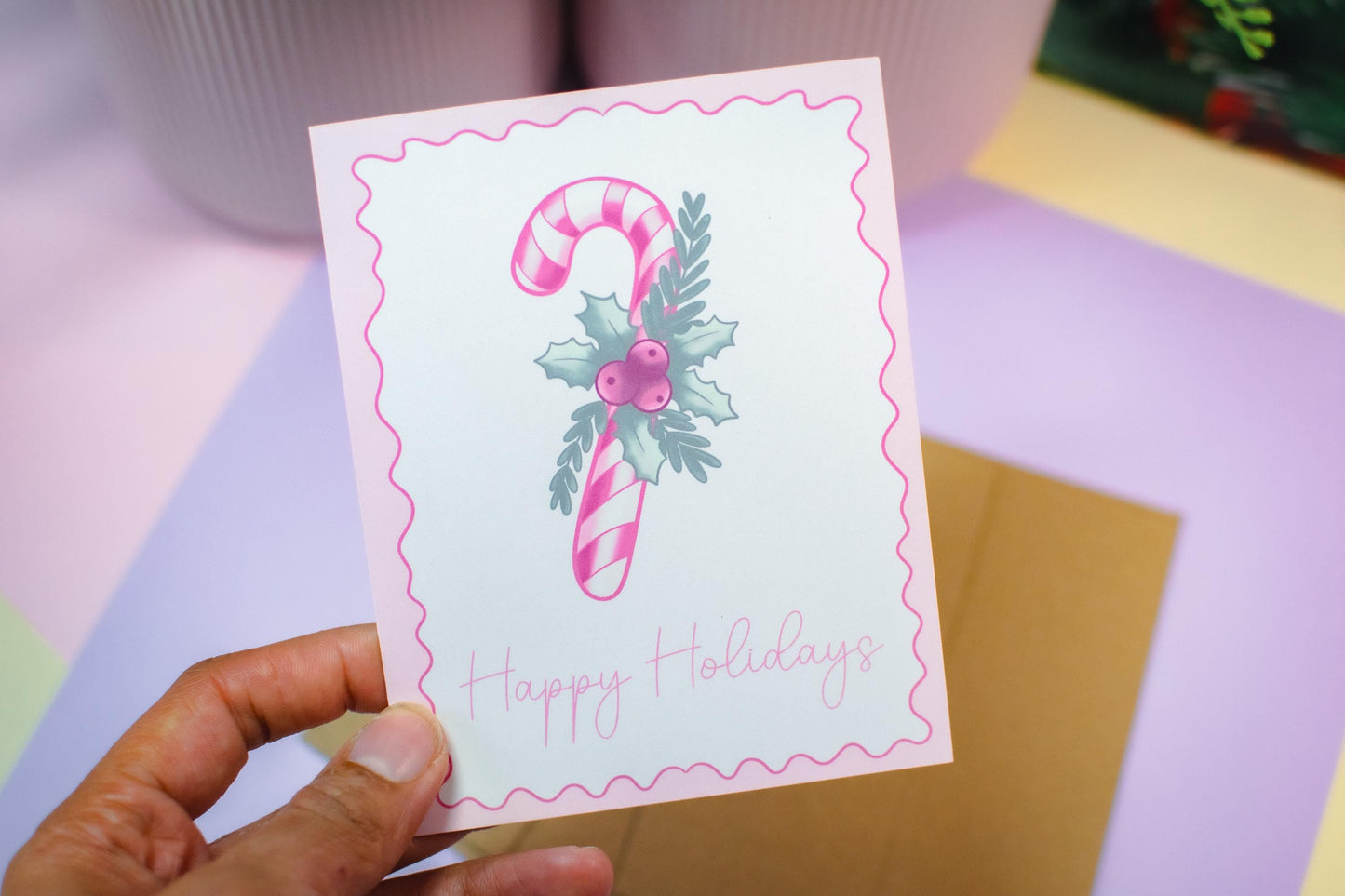 Pink Holiday Coquette Candy Cane Holiday Greeting Card –